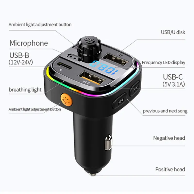 Bluetooth sạc nhanh USB kép cho ô tô, máy phát FM rảnh tay, Bluetooth , máy nghe nhạc MP3, đa chức năng, char ô tô 1
