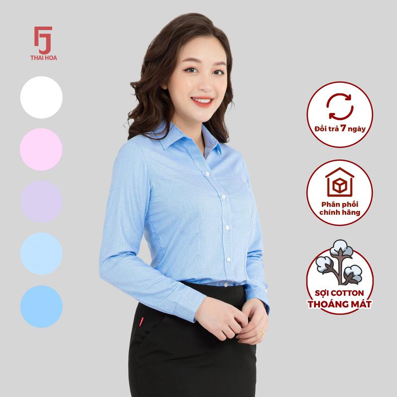 Bộ Áo R05 Kẻ Xanh Đậm & Quần baggy R15 Áo sơ mi nữ vải cotton sọc kẻ nhuyễn Thái Hòa form slimfit có chiết ly eo ASW0101-R05 - Top Cổ Tròn chọn từng phân loại