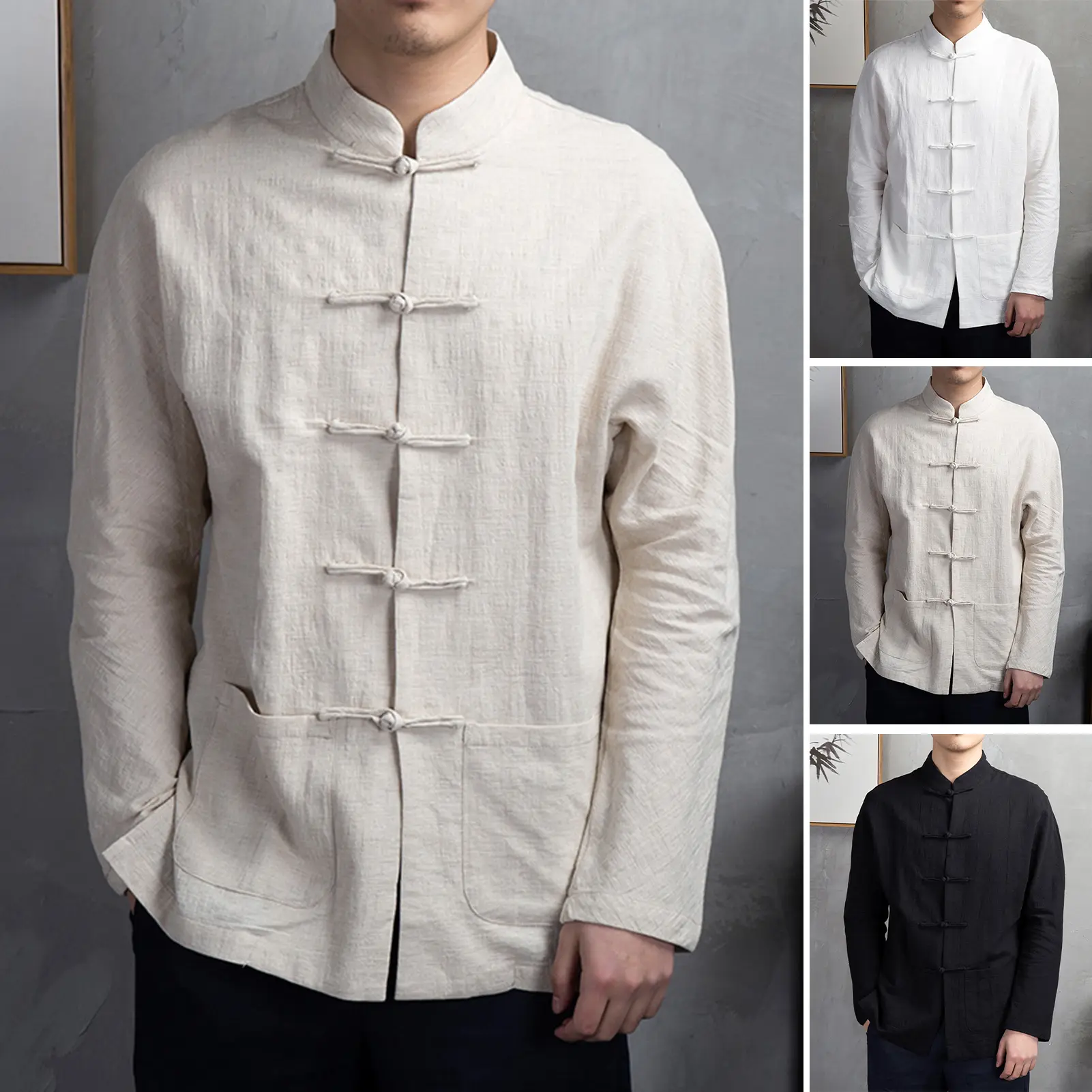 Men Autumn Chinese Style Shirt Top Mandarin Collar Long Sleeve Pockets Disc Button Traditional Kung Fu Tai Chi Shirt Tang Tops Uniform