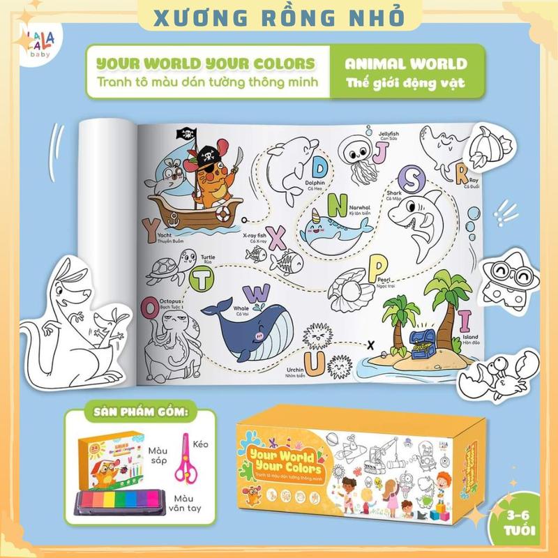 Tranh tô màu dán tường thông minh khổ lớn dài 3m Lalala Baby tặng kèm màu vẽ và kéo, tranh 3m 4