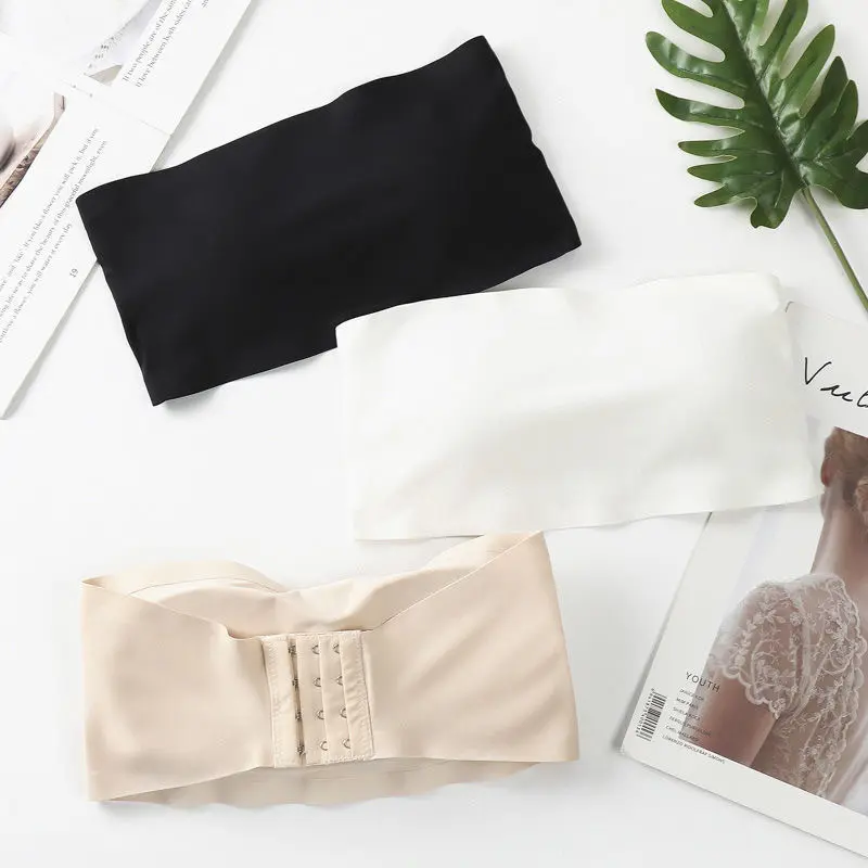 Ice Silk Strapless Back Button Tube Top Wireless Bra with Chest Pads One-Piece Seamless Anti-Exposure Wrap Bra