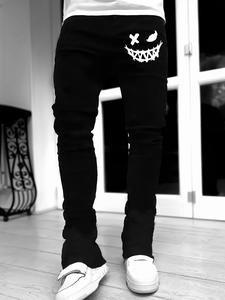 Men's Regular Fit Smile Face Print Flare Leg Jeans, Street Fashion Casual Comfy Bell Bottom Trousers for Daily Wear, Mens Bottoms for All Seasons, Cotton