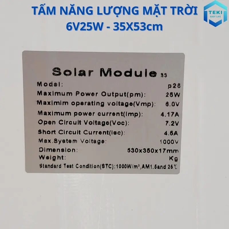 TẤM PIN NĂNG LƯỢNG MẶT TRỜI MONO 6V 25W 35x53cm - TEKI 5
