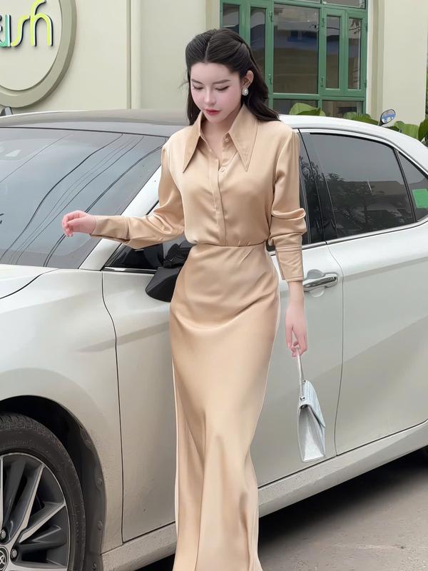 Set lụa Tô Châu X78 (áo + chân váy)  áo sơ mi phối chân váy cá dài 3