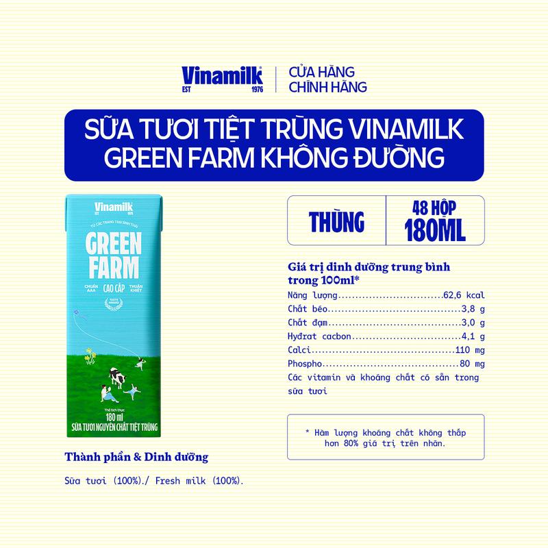 Combo 6 lốc Sữa Tươi Tiệt Trùng Vinamilk Green Farm không đường 180ml x24 hộp