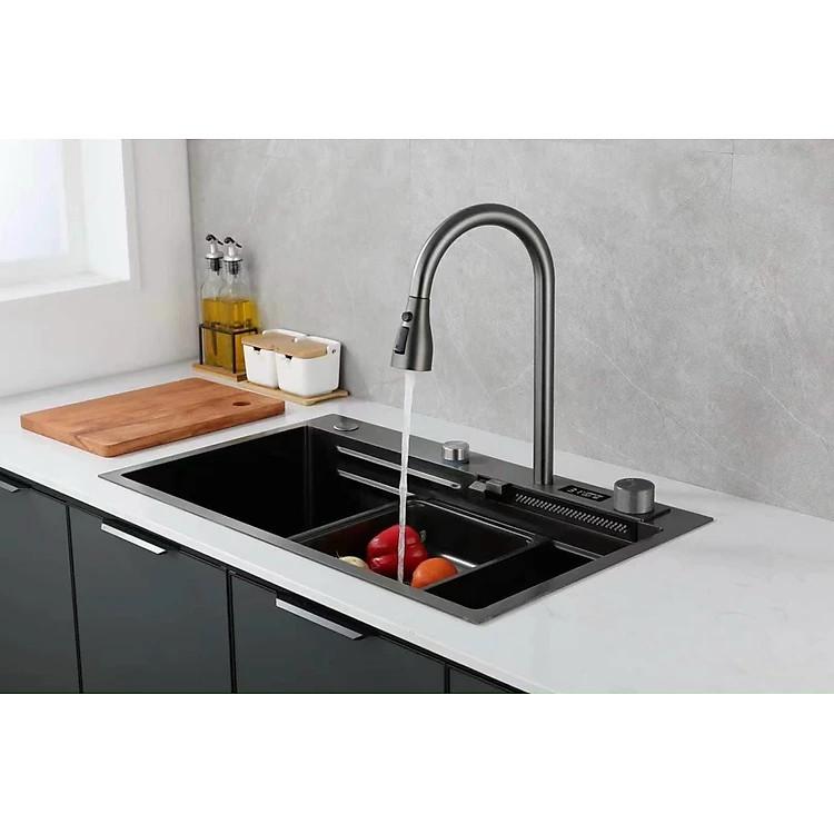 HOT] [NEW][HIỂN THỊ NHIỆT ĐỘ] Chậu rửa chén một hố lớn inox 304 phủ Nano Đen Cao Cấp 75 x46 GỒM VÒI THÁC NƯỚC 2