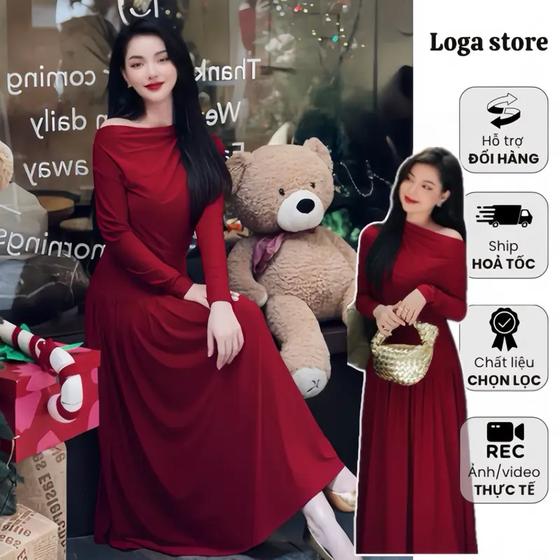 ￼Váy đỏ lệch vai nữ nhún eo, đầm dự tiệc nữ màu đỏ, đầm thun nhún trễ vai đi tiệc sang chảnh Logastoren_ L369