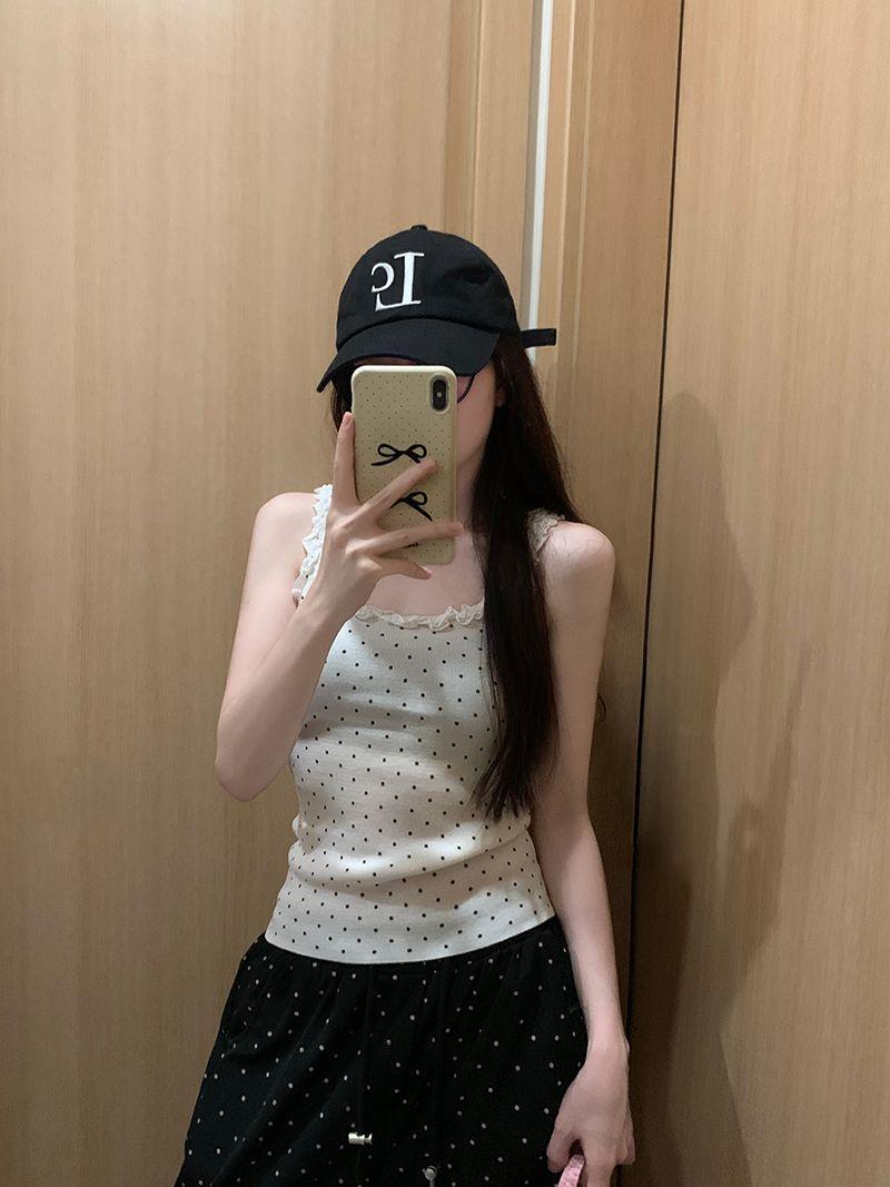 Product Introduction of Red Polka Dot Lace Camisole Women's Summer Slim-Fit Short Sleeveless Top 15
