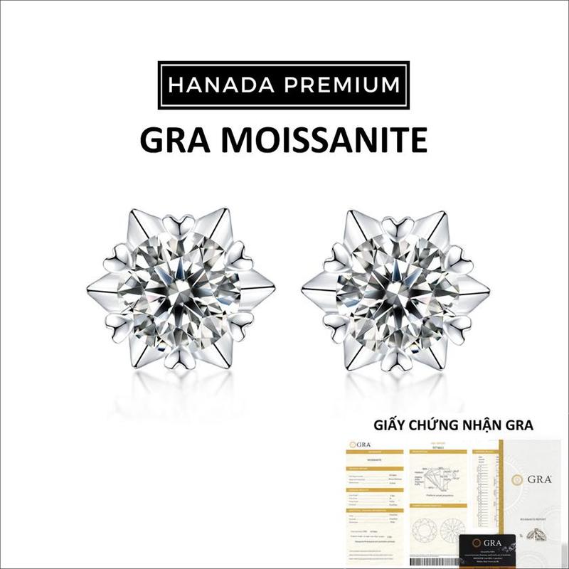 CHỨNG NHẬN GRA Bông Tai Đá Moissanite 5MM Bạc 925 Xi Bạch Kim Chấu Hoa Thường HANADA 1143