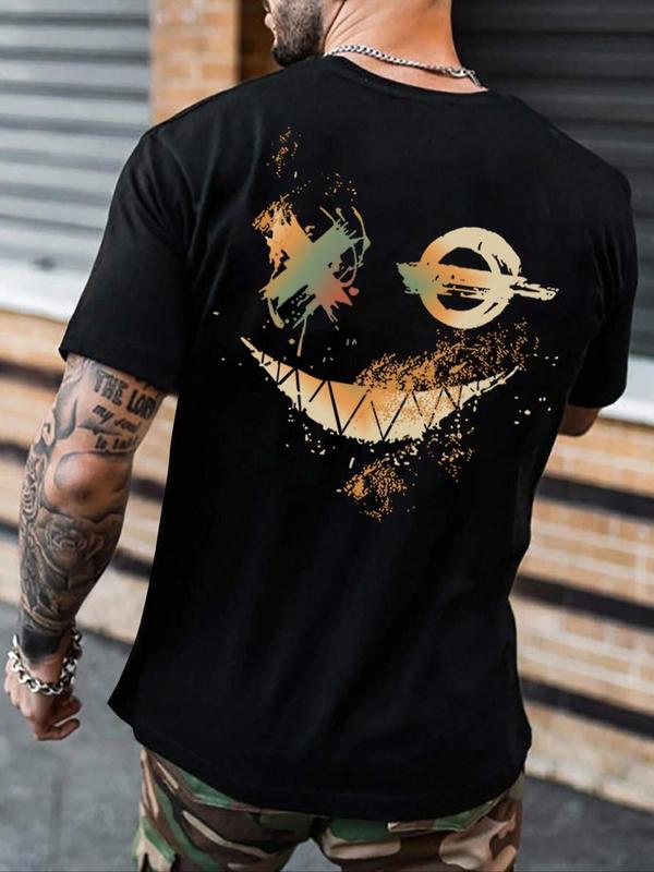 Men's Geometric Expression Print Round Neck Tee, Regular Fit Summer Clothes Casual Short Sleeve T-shirt for Summer, Graphic Tees, Men's Top for Daily Wear 0