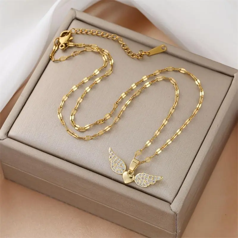 [1pc Heart Shaped Angel Wing Pendant Necklace] Fashion Necklace with Synthetic Cubic Zirconia, Copper, Stainless Steel Chain, for Women, Suitable Over 15 Years Old, Birthday Party Gift mother's day gift 3