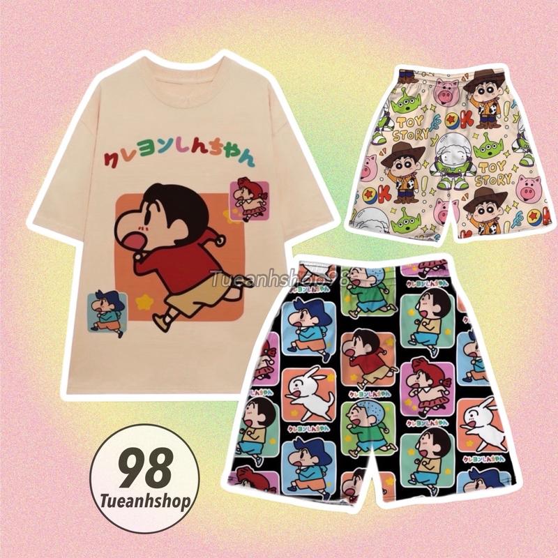 [Mẫu Mới] Set Bộ Đùi Mặc Nhà Cậu Bé Bút Chì Cushin Nâu - Áo thun phom rộng phối Quần Short Cartoon Unisex - Set Đồ Bộ Nữ hoạt hình cute dễ thương TUEANHSHOP