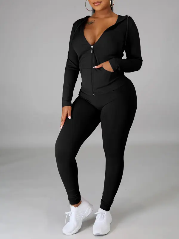 【Plus Size】 Two-Piece Set Solid Zip Up Pocket Hooded Jacket & Pants, Casual Long Sleeve Hooded Top & Trousers for Spring & Fall, Women's Clothes for Daily Wear 4