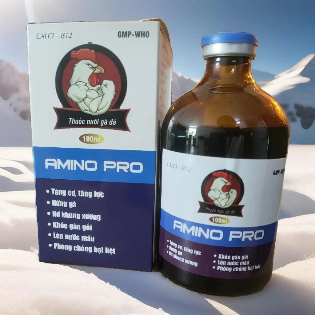 AMINO PRO 1 sản phẩm bổ sung canxi, vitamin D3, B5, phopho, magnesi,.... giúp gà tăng cơ, chắc khỏe gân, xương, phòng chống bại liệt.  Loại chai 100ml