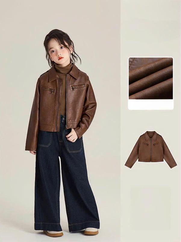 Set áo da HUNO Kids quần ống rộng màu nâu sang chảnh quý phái cho bé gái