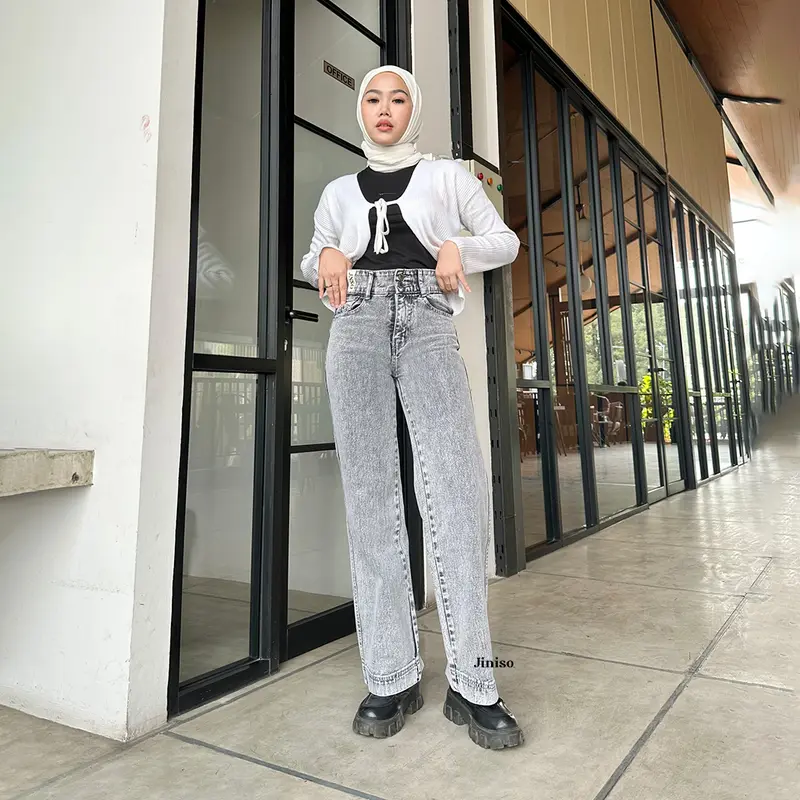 JINISO GET LOW - 581 Baggy Highwaist Celana Jeans Wanita Warna Snow Grey 3