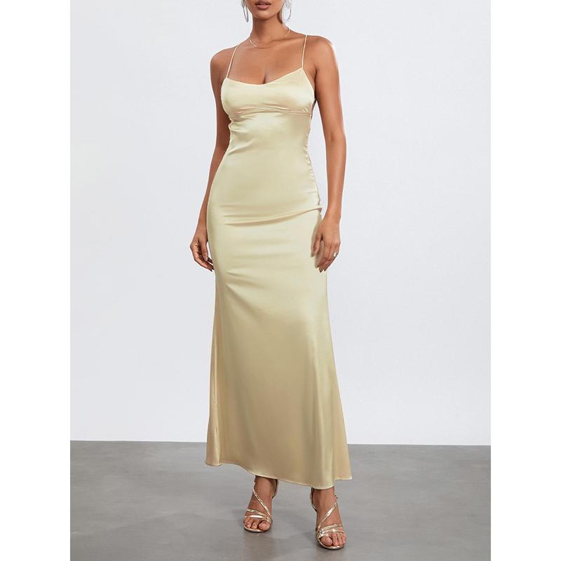 Women's Summer Long Slip Dress Solid Color Sleeveless Spaghetti Strap Low Cut Backless Slim Dress 3