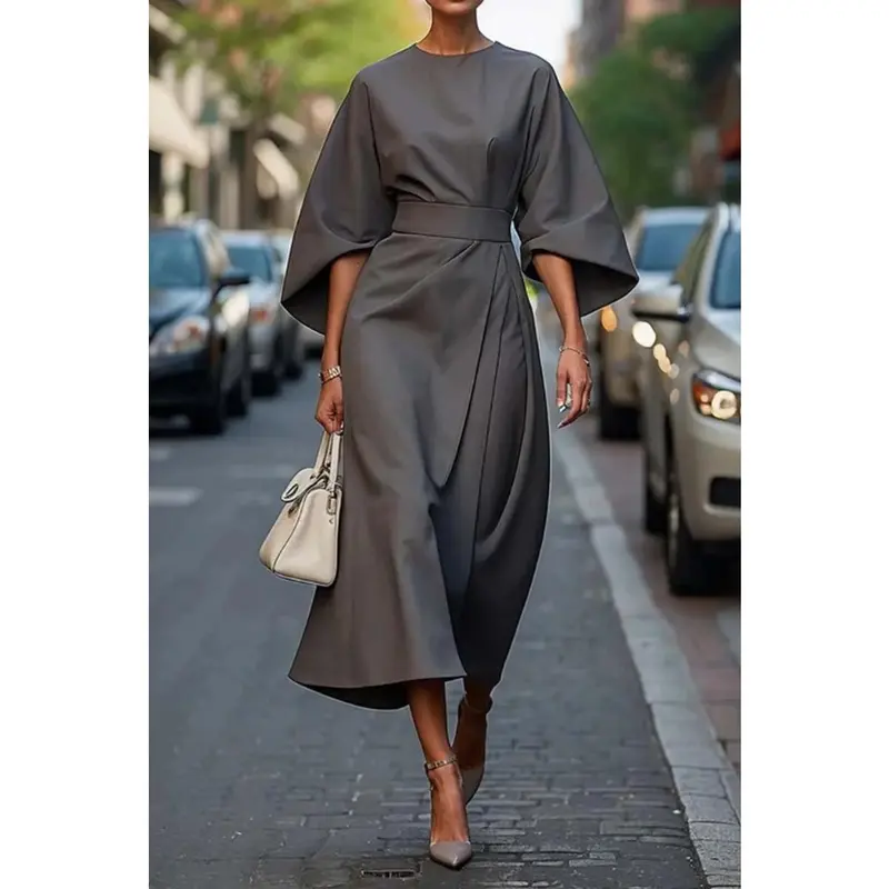 2025 Spring Summer Women's Fashion European and American Cross-border Elegant Solid Color Waist-cinching Dress Casual Batwing Sleeve Long Dress Modesty Formal Green 5