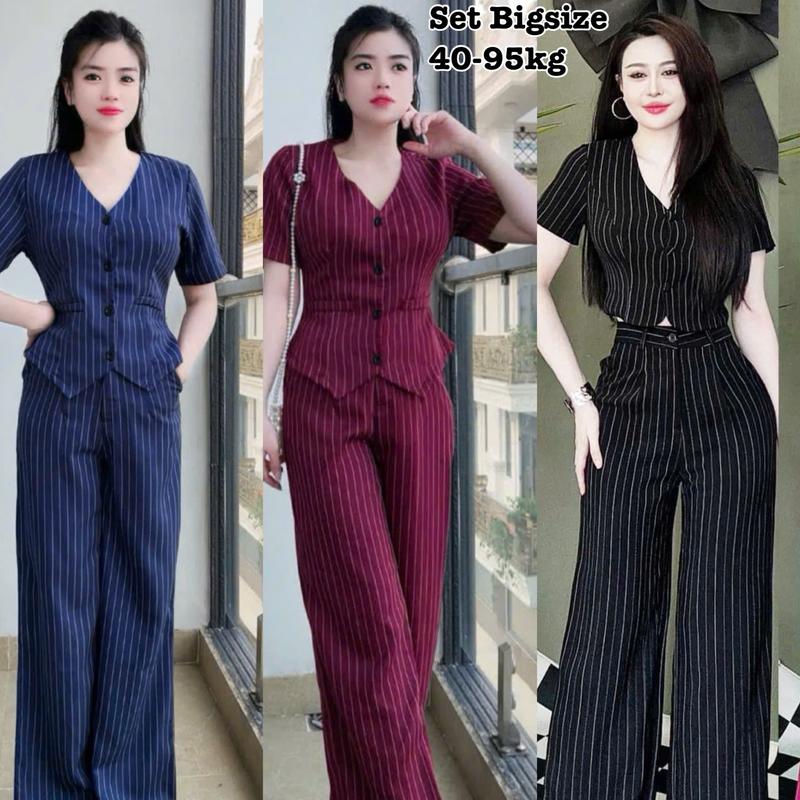 [Xả kho qua mẫu] Set Bộ Dài Tay Ngắn Bigsize Cổ Tim Vest Quần Ống Suông Họa Tiết Sọc Thiết Kế Dự Tiệc Nữ Cao Cấp Xinh Đẹp Sang Trọng  50-95kg  Top  Màu Nâu Sen Màu Đen Set Đồ Nữ đẹp Set Áo Croptop Bộ Suit Nữ Sang Chảnh Bigsize Women Xanh Rêu set  vest