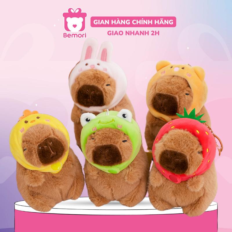 Gấu Bông Móc Khóa Chuột Capybara Đội Mũ Quả Dâu, Hình Thú Gà, Thỏ, Gấu Size 15cm Treo Balo, Túi Xách Ngộ Nghĩnh BEMORI