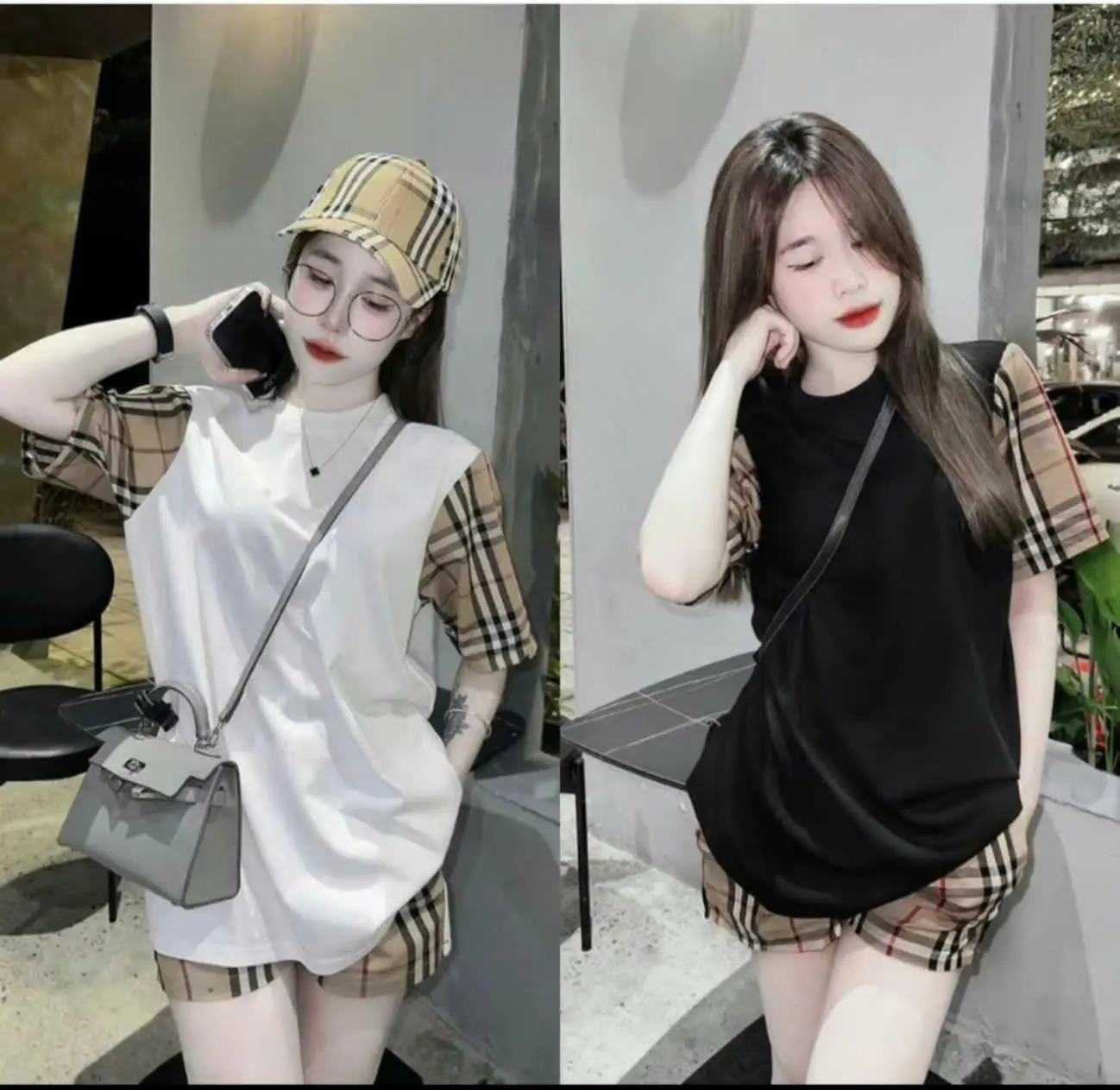 Bộ quần áo nam nữ mùa hè cổ tròn, ngắn tay unisex họa tiết phối tay kẻ karo chất liệu poly cao cấp hai màu đen và trắng phong cách năng động,thah lịch top hot 2025