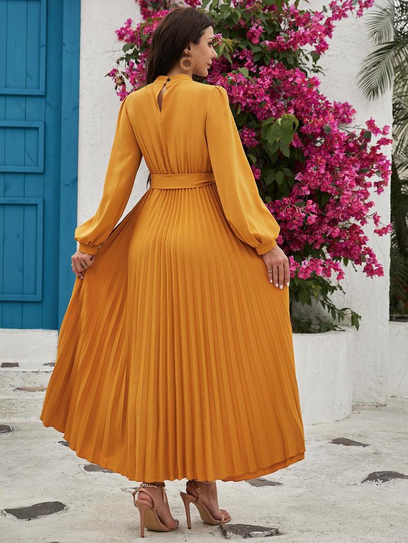 Product Introduction of Women's Solid Belted Pleated Dress, Elegant Bishop Sleeve Keyhole Back A Line Dress for Spring & Fall, Women's Clothing for Wedding Guest, Dresses for Women 8
