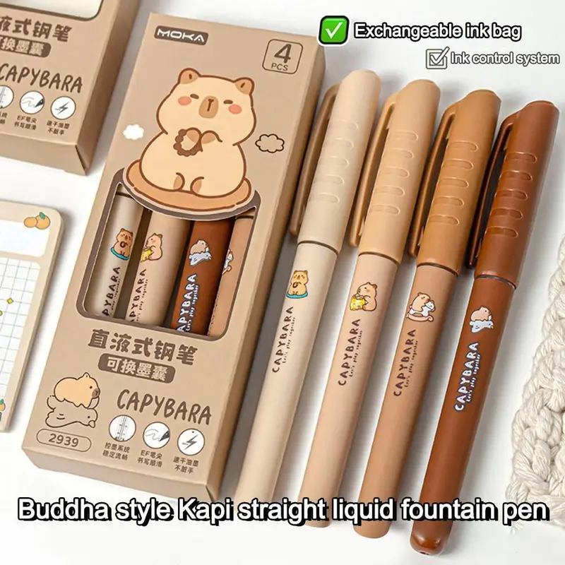 Bút Máy Capibara Đầu EF Dễ Thương, Bộ 4 Cái, Mực Có Thể Thay Thế, Mực Đen, Mực Khô Nhanh, Bút Máy Có Thể Nạp Lại Thích Hợp Để Học Tập, Đồ Trang Trí 1