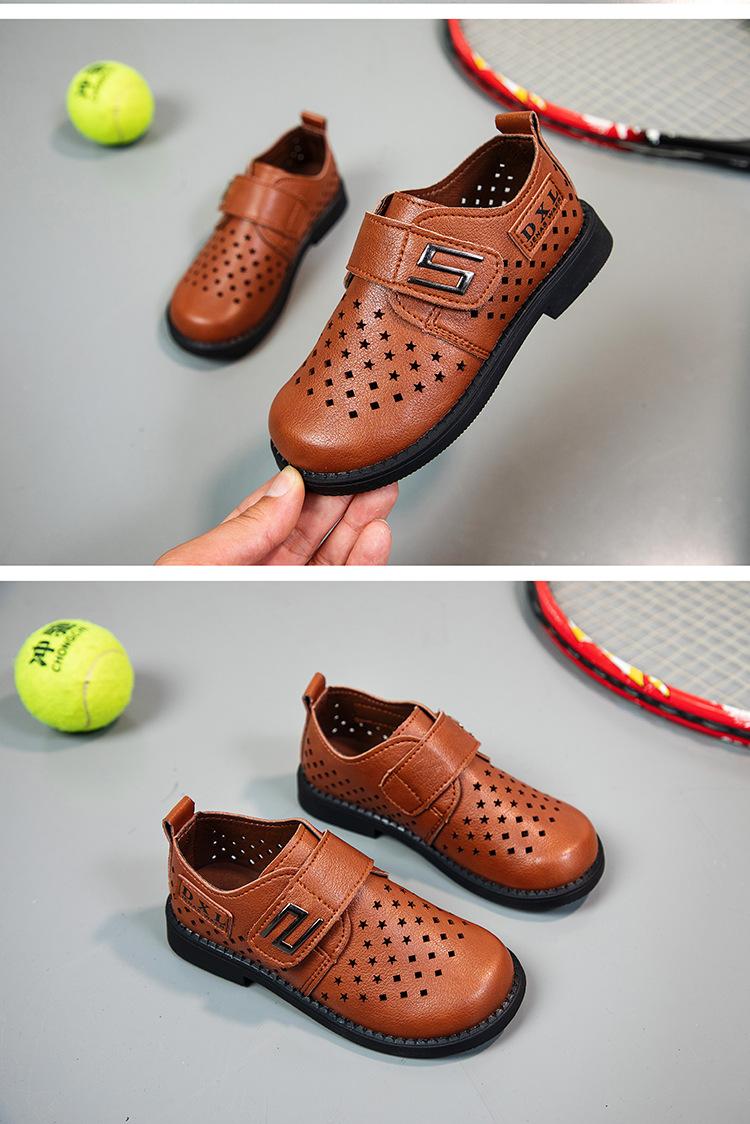 Product Introduction of Spring and Autumn New Black Breathable Casual British Leather Shoes Hollow Velcro Hole Student Soft Bottom Lazy Boy's Shoes 30