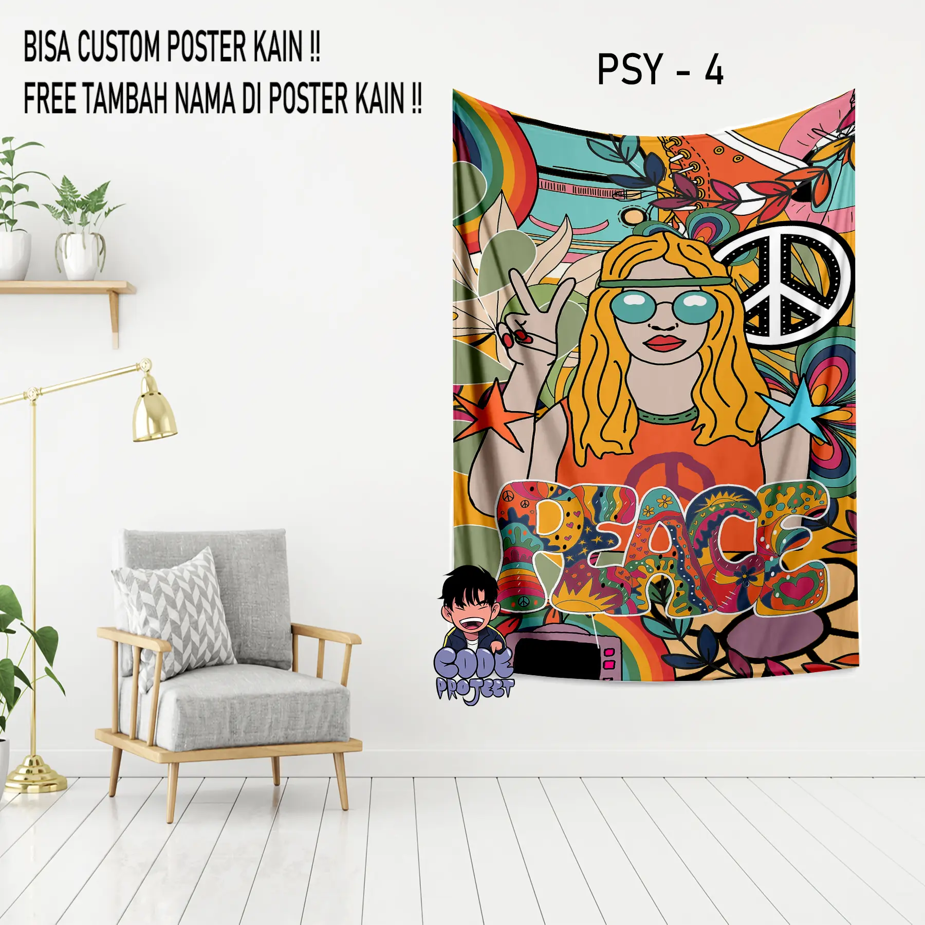 POSTER KAIN PSYCHEDELIC-HIPPIE - hiasan dinding kamar - dekorasi dinding kamar aesthetic - pajangan dinding - Ukuran 90x140cm