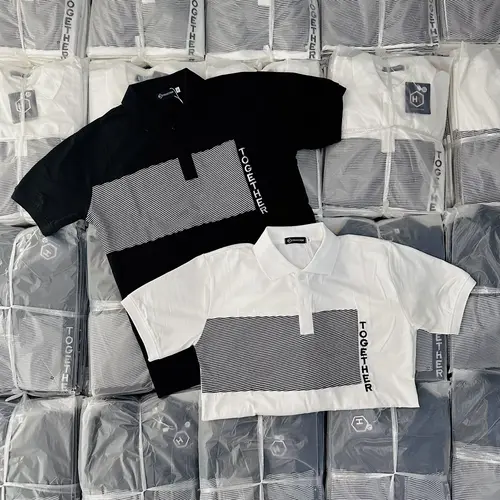 Áo Thun Cổ Trụ Nam Nữ Trắng Đen Phối Họa Tiết Kẻ Sọc Ngang Thêu Chữ Menswear Polo Có Cổ