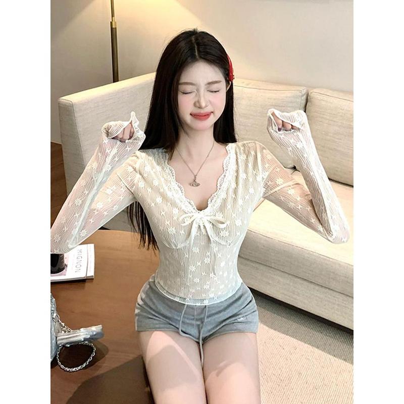 Áo Ren Cổ Chữ V, Dễ Thương Và Gợi Cảm, Dành Cho Nữ, Áo Len Mặc Trong Dài Tay, Hàng Mới Về Đầu Mùa Thu, Cao Cấp, Có Khóa, Áo Áo Chui Đầu Bó Sát 4
