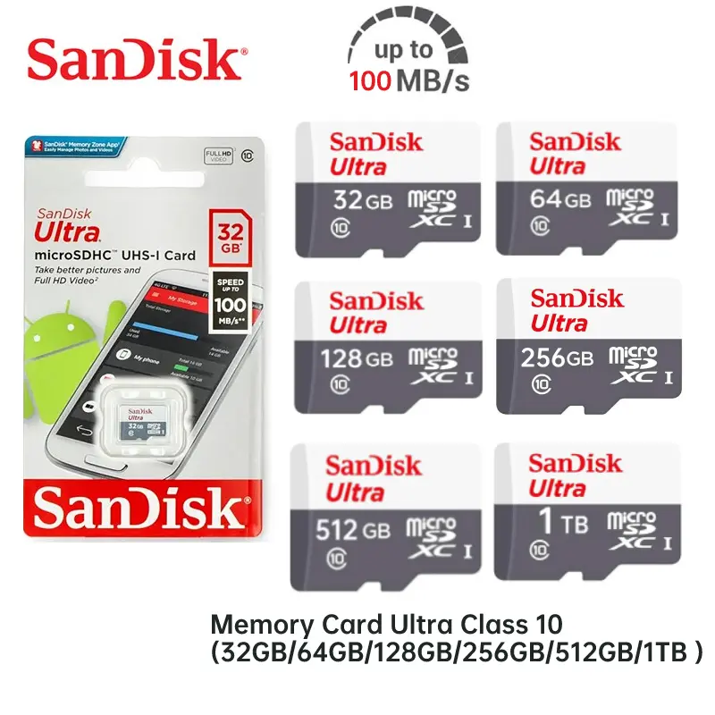 SanDisk Ultra (1TB/512GB/256GB/128GB/64GB/32GB) Micro SD Card/TF Card 100MB/s Class 10 Memory Card SDHC SDXC UHS-I