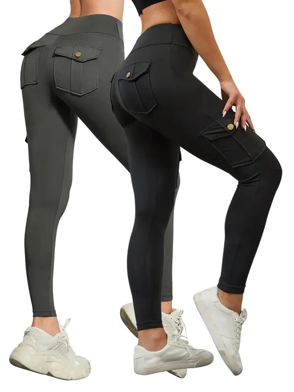 Women's Solid High Waist Pocket Leggings, Casual Comfy Skinny Pants for Workout Running, Women's Trousers Bottoms for Summer Spring Fall, Back To School Trousers, Jeans Leggings for Women, Hide Tummy Outfits Uk, Activewear 6