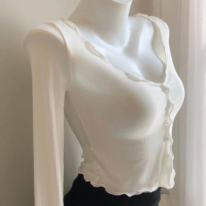 Áo thun nữ dài tay cổ trễ sâu nút gài A083 cuốn viền biên quyến rũ mặc được nhiều kiểu Top Women Shirt Nhung Voi cá tính trơn