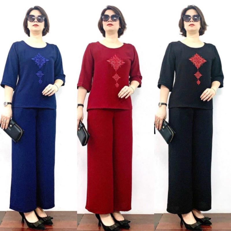  T1 Đồ Bộ Trung Niên Áo tay lỡ + dài ống rộng Chất Đũi Tay Lỡ Thêu Cho Mẹ 