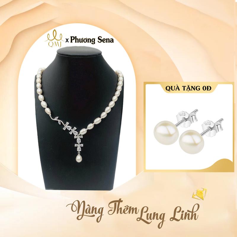 CFV20 [MUA 1 TẶNG 1] QMJ x PHƯƠNG SENA - NT422 VÒNG CỔ NGỌC TRAI THIÊN ngọc nuôi nước ngọt thiên nhiên <KHÔNG KÈM HỘP> - NGỌC TRAI DÁNG GIỌT NƯỚC XOÀI 7-8li MIX CHARM HOA bạc 925 thanh lịch