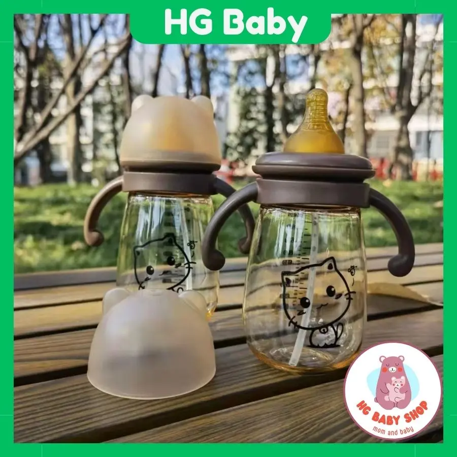 BÌNH SỮA CỔ RỘNG HÌNH MÈO CHO BÉ, NHỰA PPSU CHỐNG SẶC AN TOÀN KÈM TAY CẦM TIỆN LỢI, DUNG TÍCH TỪ 240ML- 300ML