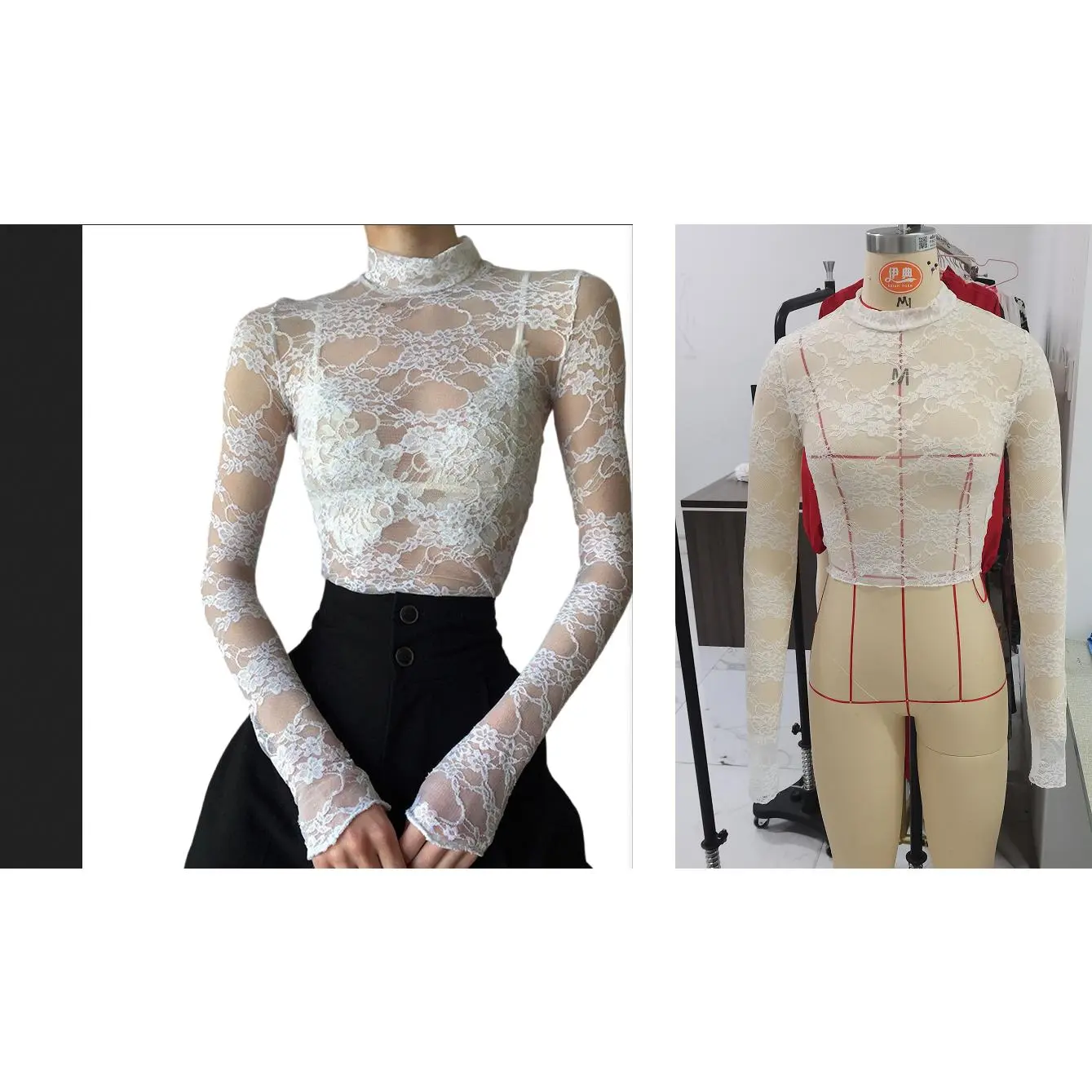 Women Lace T-shirt, Long Sleeve High Neck See-through FlowerTops