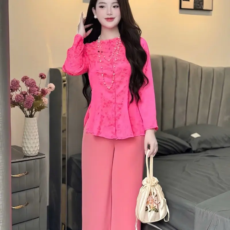 A01 - BỘ BÀ BA GẤM CỔ TRÒN CÚC BỌC TAY DÀI - 5CE 0
