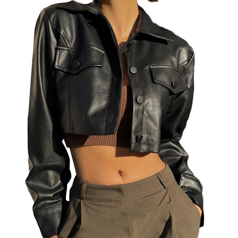 Women Crop Leather Jacket Solid Color Casual Long Sleeve Button Down Jacket Fall Outwear 0