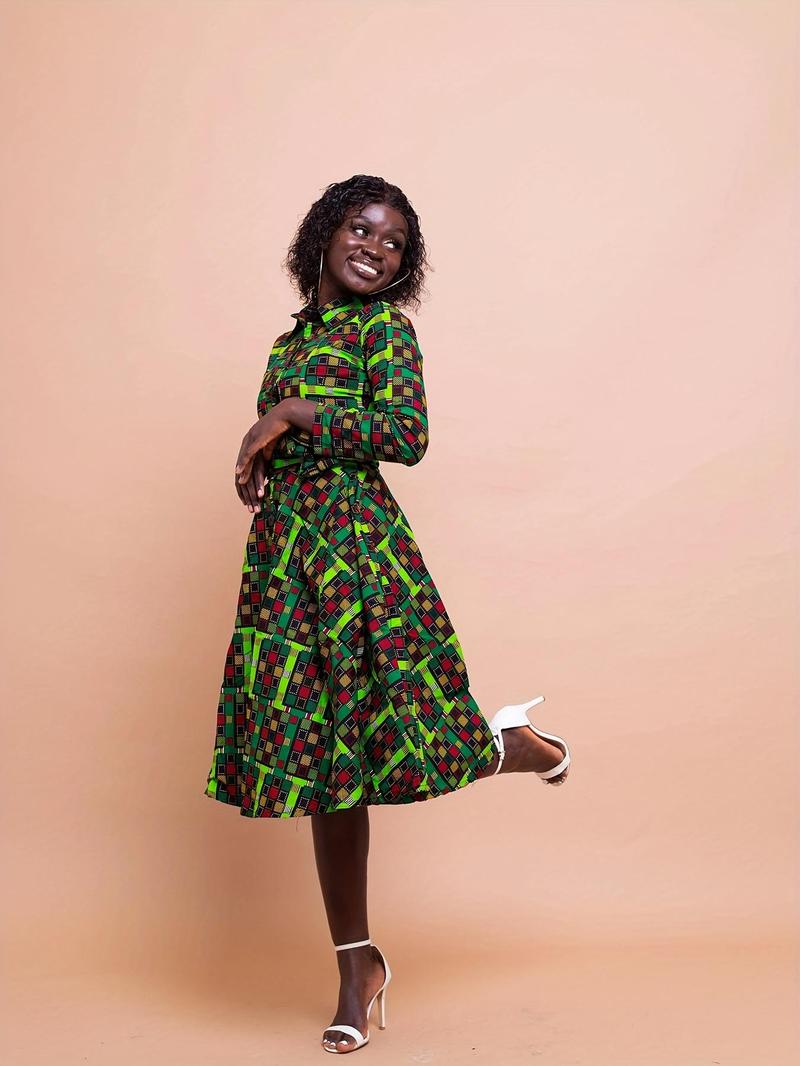 Product Introduction of 【Plus Size】 Geometric Print A Line Dress, Elegant Long Sleeve Collared Dress for Daily Outdoor Wear, Women Plus Clothing for Spring 4