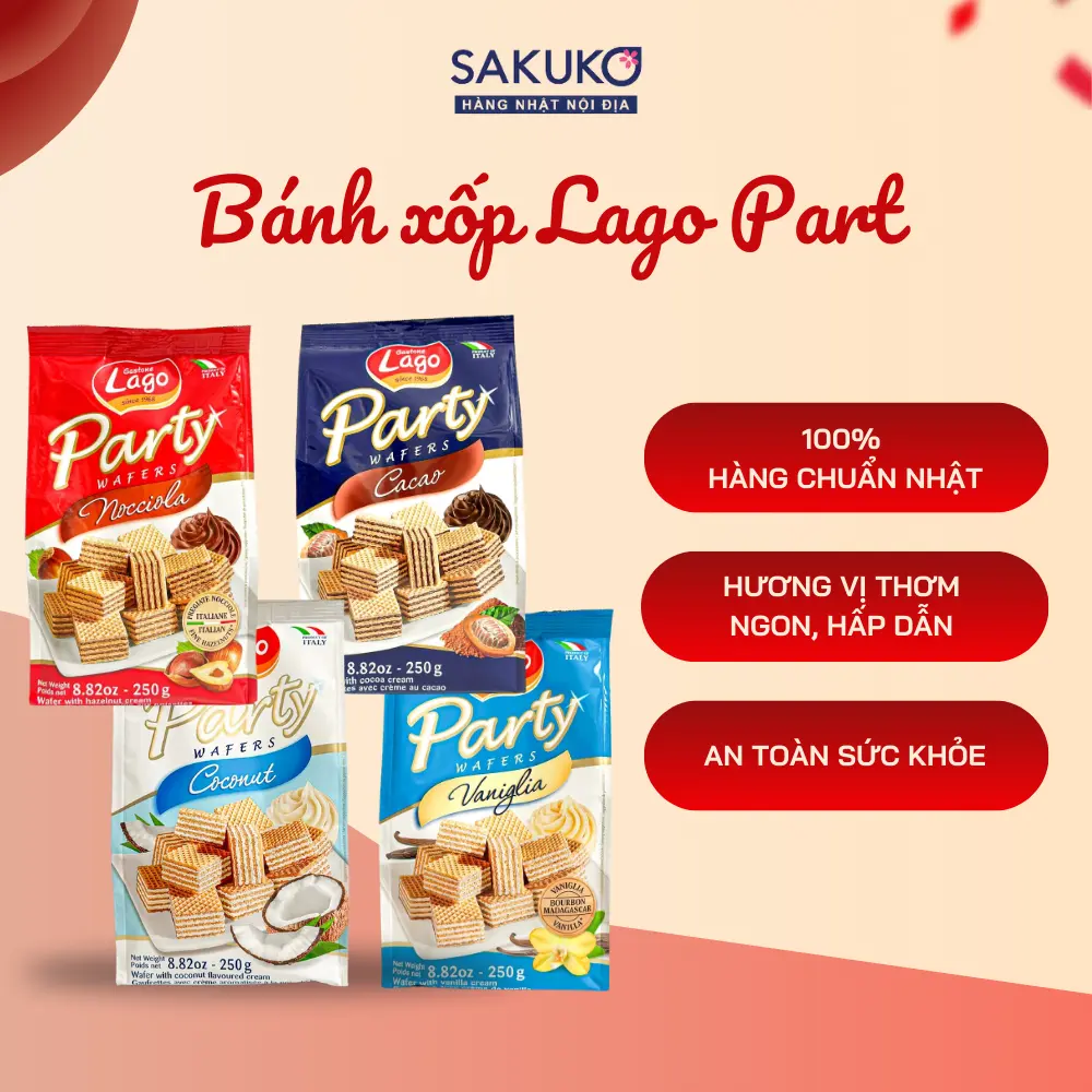 Bánh xốp Lago Part Nhật các vị dừa, cacao, vani, hạt phỉ gói 10 chiếc/12 chiếc/16 chiếc