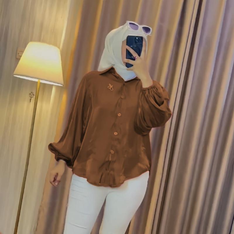 Thalia kemeja shimmer atasan polos glitter lengan balon Jumbo size M - 2XL Cantik Formal Katun Motif Panjang Silk Wanita 5