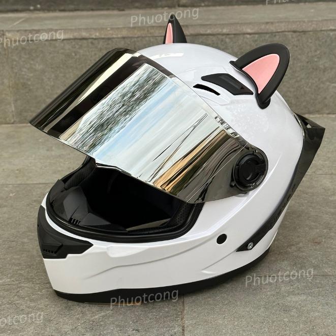 Mũ bảo hiểm Fullface Agu trắng bóng tặng tai mèo, gắn sẵn đuôi gió - Nón chính hãng thương hiệu AGU