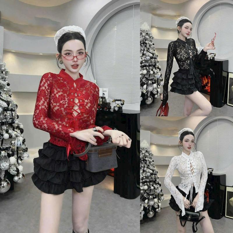Sét Áo Ren 2 Lớp Tay Dài Phối Chân Váy Lụa Xếp Tầng Có Quần Trong Nữ Tính Dịu Dàng Thanh Lịch Sang Trọng Dễ Thương  - Free Size - Women, Top Màu ĐEN- ĐỎ 0