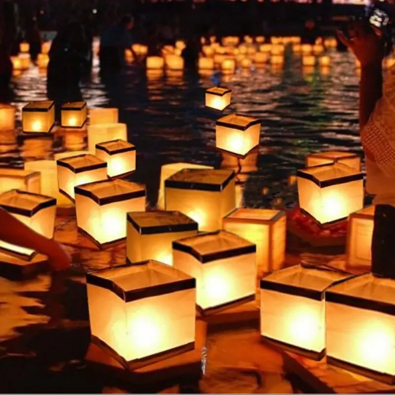 10pcs water lamp folding paper lantern festival blessing wishes blessing lamp floating on the water surface folding river lamp windproof candle (10 cm gold edge)