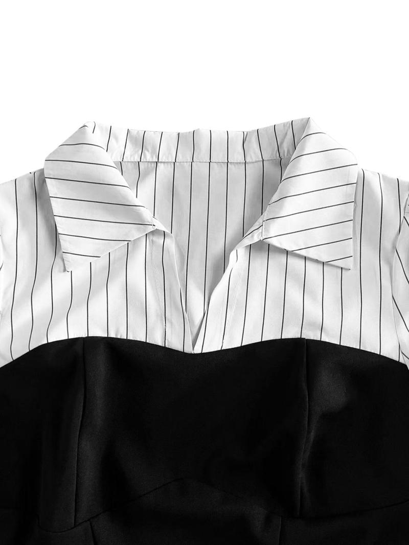 Product Introduction of Women's Patchwork Striped Print Bishop Sleeve Split Hem Blouse, Elegant Long Sleeve Collared V Neck Top for Fall & Winter, Women's Clothing for Daily Wear 15