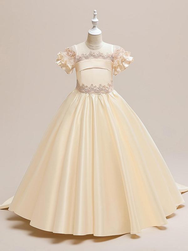 Girl's Solid Satin Formal Dress, Elegant Short Sleeve Round Neck Dress for Party Wedding Guest, Kids Clothes for All Seasons 0