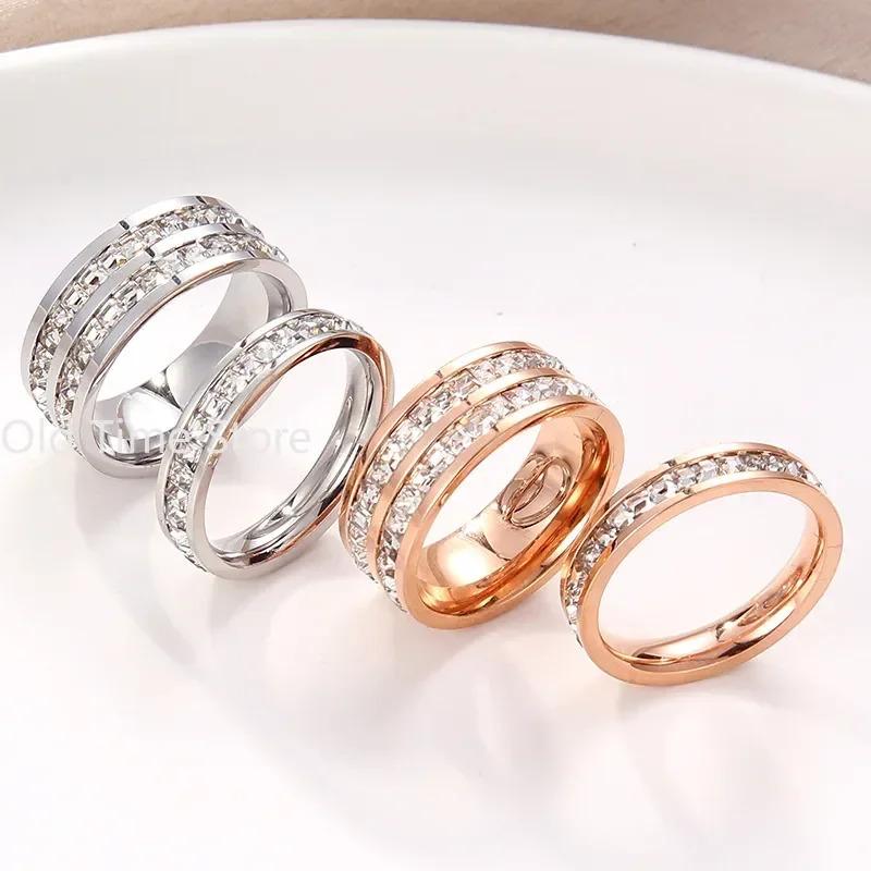 Hot Sale Double Crystal Woman Fashion Ring Rose Gold Color Filled Titanium Steel Rings for Women Female Fine Jewelry 3