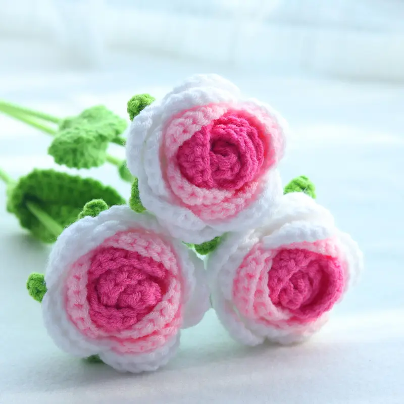 Gradual Change Crochet Rose, 3/6/10pcs Handmade Crochet Rose with Stem, Artificial Flower for Wedding Bridal Bouquet, Home Decor, Valentine's Day Gift Idea 7